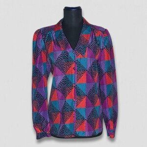 Vintage 80s 90s Blouse Geometric Print Long Sleeves Button Cuffs Multicolor sz M